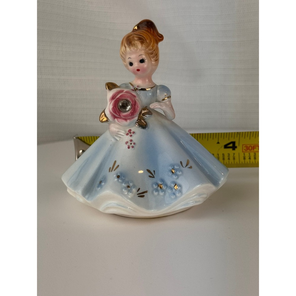 Vintage Ceramic Girl Figurine 4" Blue Dress Pink Rose Rhinestone Gold Gilt Good